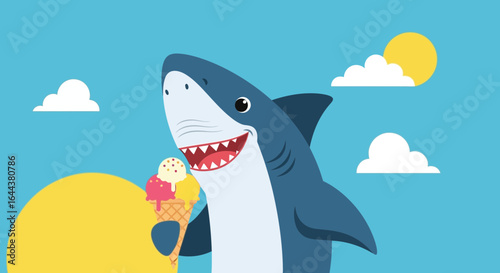 Funny Shark With Ice Cream Cartoon Illustration for Summer Fun Designs