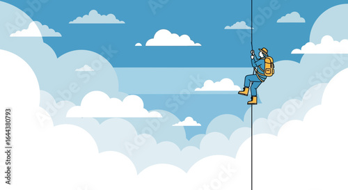 Illustrated climber ascends into the bright sky of opportunity reaching for success