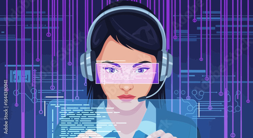 Futuristic call center operator in virtual reality environment with high technology interface
