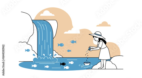 Illustrated idyllic scene of a woman feeding fish near a waterfall peaceful moment
