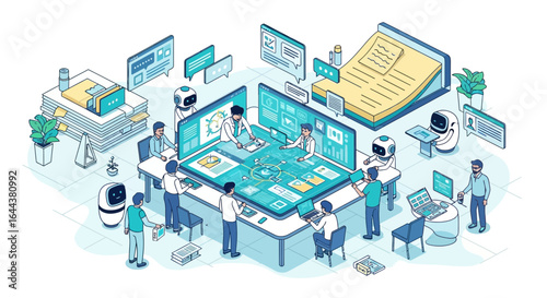 Futuristic collaborative workspace with humans and robots working together on digital solutions