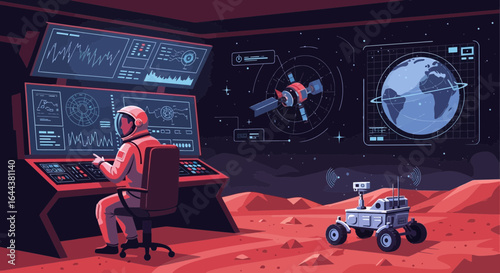 Futuristic Martian exploration with astronaut controlling rover from base station on red planet using advanced technology interface