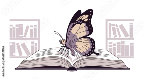 Illustration depicting a butterfly resting atop an open book, bookshelves in background