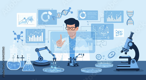Futuristic Medical Research: Scientist Analyzing Data in a Virtual Environment Laboratory Setting for Innovation and Discovery