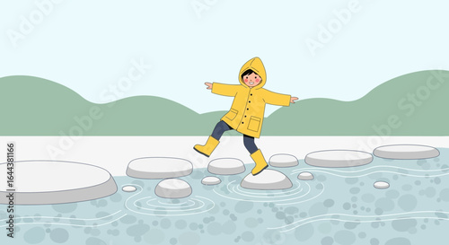 Illustration depicting a child's adventure: Navigating stepping stones in a yellow raincoat embodying freedom and playfulness in nature