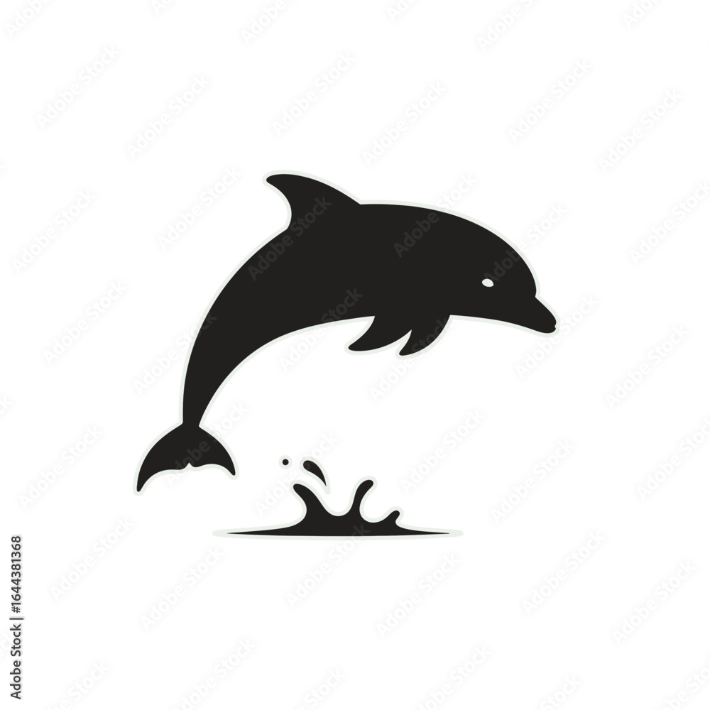 Fototapeta premium A stylized black silhouette of a playful dolphin leaping from a water splash.
