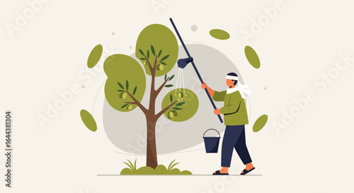 Illustration depicting a farmer harvesting olives from an olive tree using a harvesting tool representing agriculture and tradition