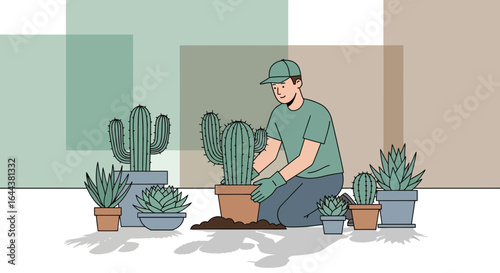 Gardener Carefully Repotting Cacti and Succulents in a Modern Indoor Setting Illustration