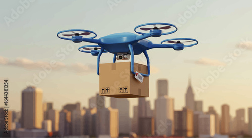 Blue Delivery Drone Carrying a Cardboard Box with Barcode Tag