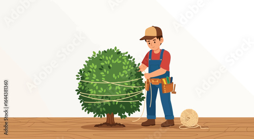 Gardener Securing A Round Bush With Twine For Winter Protection From Snow