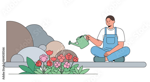 Gardener tending to blooming tulips with watering can in an outdoor setting illustration