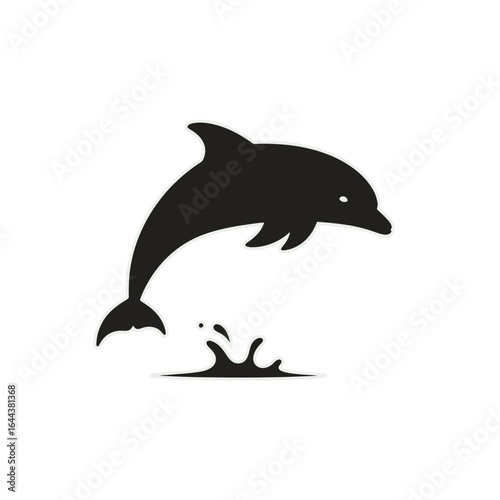 A stylized black silhouette of a playful dolphin leaping from a water splash.