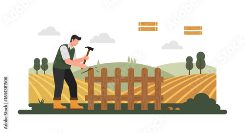 Illustration depicting a man repairing a wooden fence in a rural landscape with a hammer against a backdrop of rolling hills