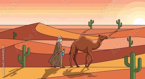 Illustration depicting a man with a camel traversing a stylized desert landscape at sunset