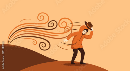 Illustration depicting a man struggling against a powerful windstorm in a desert landscape