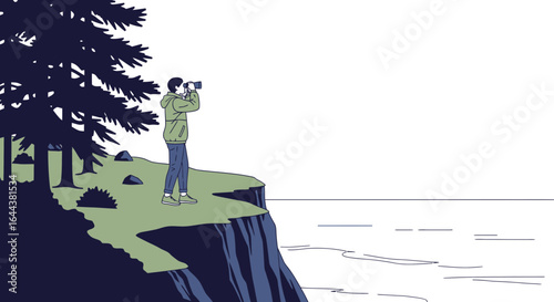 Illustration depicting a man with binoculars standing on a cliff near the ocean and nature landscape creating a sense of exploration and discovery