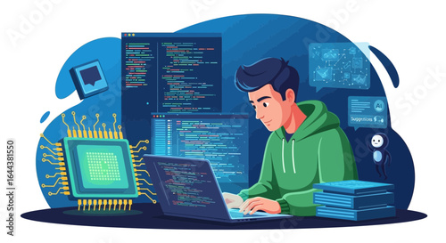 Illustration depicting a software developer working on code with artificial intelligence assistance showcasing modern technology