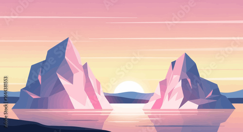 Geometric iceberg illustration at sunset capturing the serene and peaceful arctic landscape