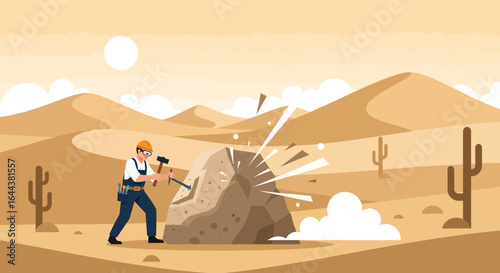 Illustration depicting a stone carver working diligently in the desert landscape under the sun