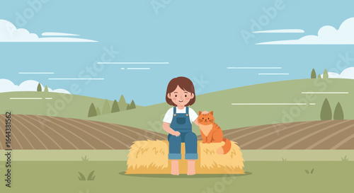 Girl and her cat sitting on a haystack in the countryside a serene rural scene