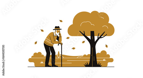 Illustration depicting an elderly man with cane contemplating life under a fall tree in an autumn landscape