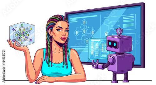 Illustration depicting ai integration with cybersecurity and digital development technologies showcasing collaborative human robot interaction