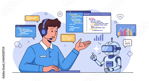 Illustration depicting human collaboration with AI for efficient technology support