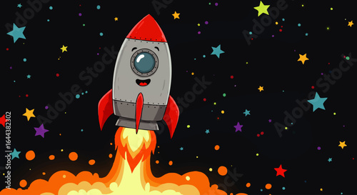 Cartoon Rocket Ship Launching with Fiery Exhaust and Starry Space Background