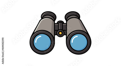 Cartoon style grey binoculars with bright blue reflective lenses and a central focus knob.