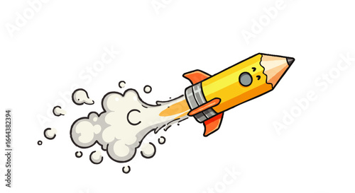 Cartoon Yellow Pencil Rocket Launching with White Smoke Trail
