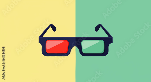Classic anaglyph 3D glasses with a dark frame and red and cyan lenses, depicted in a flat vector illustration style.