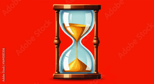 Classic wooden hourglass with golden sand flowing through blue glass, measuring the passage of time.
