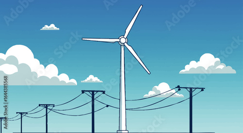 Clean Energy Production: White Wind Turbine with Power Lines Illustration