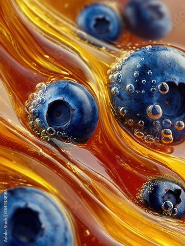 Blueberries Floating in Honey or Golden Syrup in Macro Detail