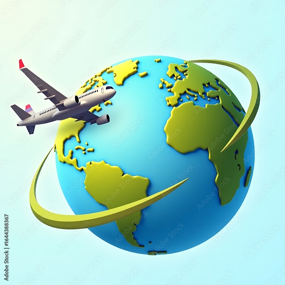 Naklejka premium A vector illustration of a 3D blue globe with an airplane icon flying around the continents, symbolizing global travel