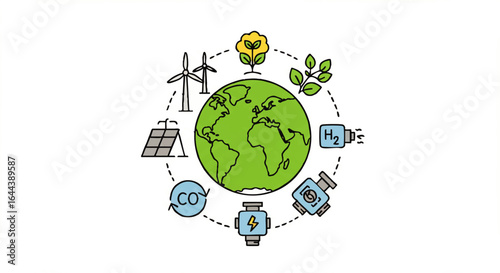 Colorful doodle of Earth surrounded by a cycle of renewable energy icons.