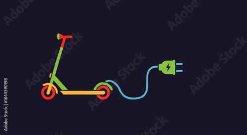 Colorful flat design electric scooter icon with a blue charging cord and green plug.