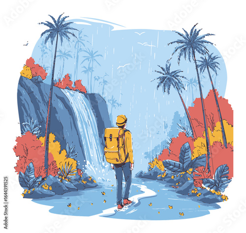 Adventurer in Nature Surrounded by Tropical Landscape and Waterfall