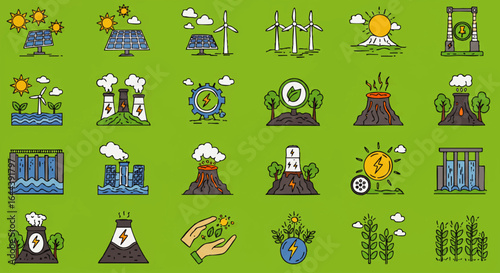 Colorful Illustrated Icons Representing Renewable Energy Sources and Power Generation.