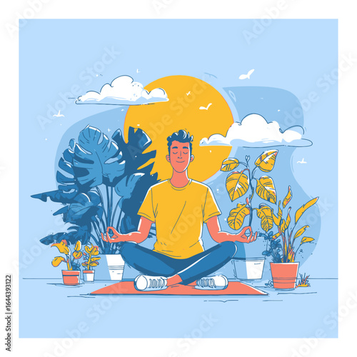Calm Man Meditating Surrounded by Plants and Sun in Cartoon Style