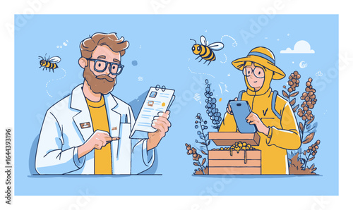 Cartoon Vector Illustration of Bee Research and Hive Inspection Scene