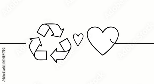 Continuous one-line drawing of a recycling symbol connected to two hearts, symbolizing love for the environment.