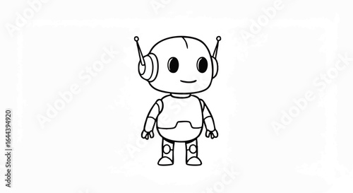 Cute Cartoon Robot with Antennae, Smiling, Black Outline, Standing Upright.