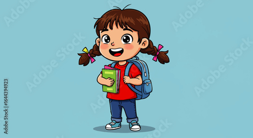 Cute cartoon schoolgirl with braided pigtails, a blue backpack, and a happy smile, holding a book.