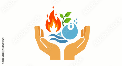 Cupped hands holding stylized fire, water, and plant symbols representing nature's elements.
