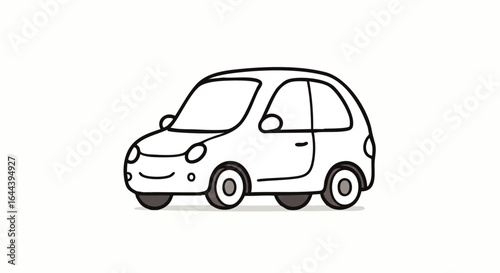 Cute hand-drawn cartoon car with a smiling face. A simple black and white line art doodle of a friendly compact automobile.