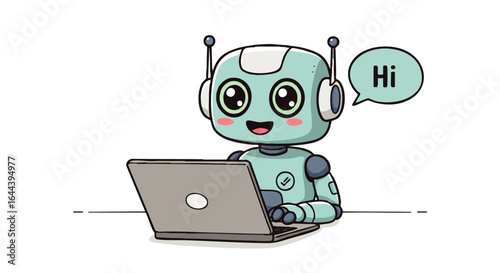 Cute Robot Working on Laptop with Speech Bubble
