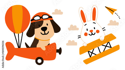 Cartoon Dog and Rabbit in Airplane Adventure with Balloon and Paper Plane