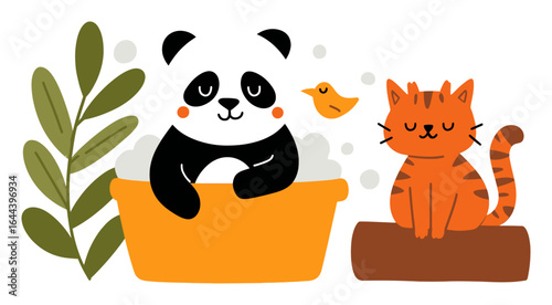 Cute Cartoon Panda and Cat with Bubbles in a Playful Animal Scene
