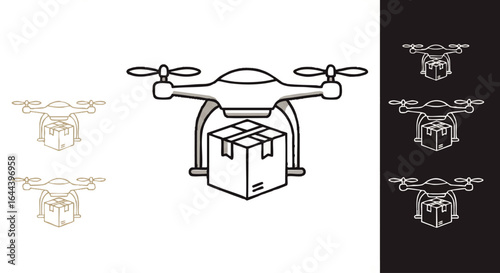 Delivery drone carrying a package, a minimalist line art icon. Quadcopter with a cardboard box for shipping and logistics.